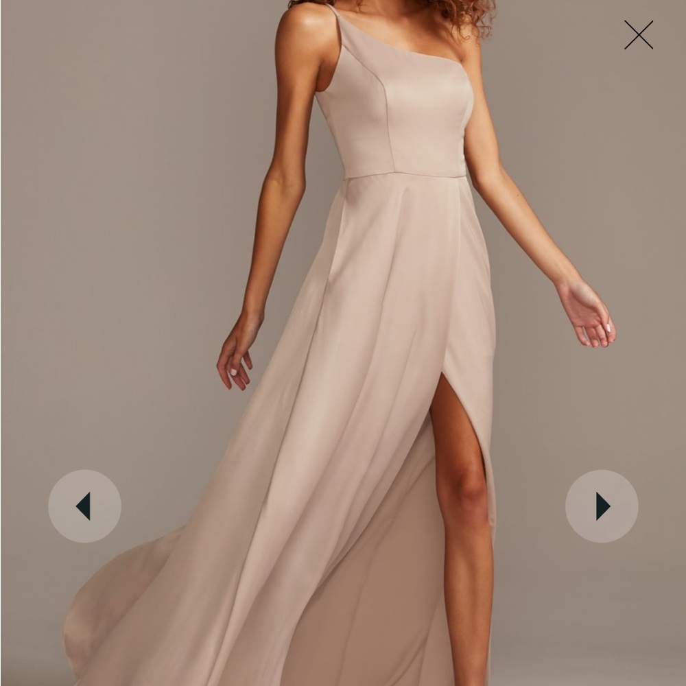 Size 6 Celebrate DB Studio- Davids Bridal Crepe Satin One-shoulder- biscotti